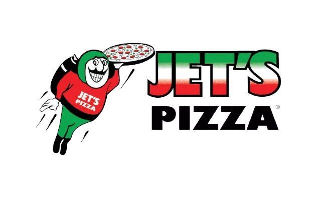 Jets Pizza mascot in red shirt carries a pizza beside the Jets Pizza wordmark logo in red, white, and green.