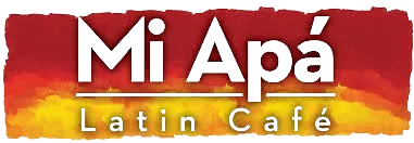 Mi Apa Latin Café logo with a red-to-orange sunset gradient and torn paper edges.