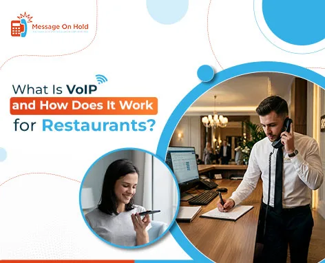 Promotional banner: 'What Is VoIP and How Does It Work for Restaurants?' with a man on the phone at a desk and a woman using a smartphone, connected by circular shapes.