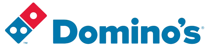Domino's logo with blue wordmark and red-and-blue domino tile icon on the left