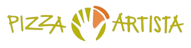 Pizza Artista logo with lime-green stylized text and an orange slice in a circular emblem, centered between words.