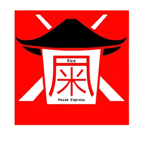 Logo on a red background featuring a black curved-roof silhouette over a layered square frame; the inner square contains a stylized character and small text, with gray diagonal accents around the frame.