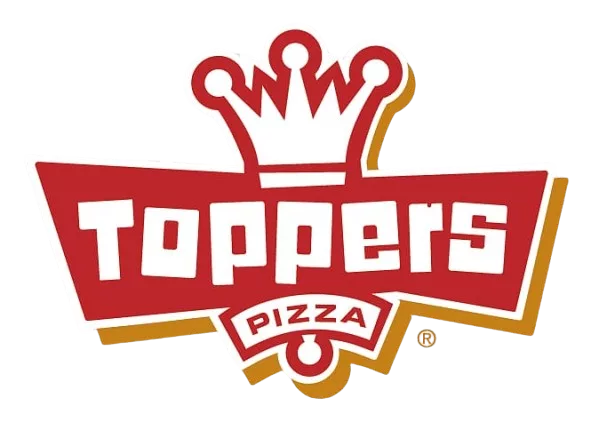Topper's Pizza brand logo with a red crown and bold white lettering on a red banner