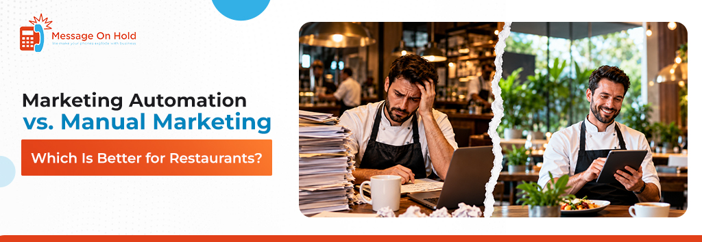 A side-by-side comparison of a stressed restaurant chef working through marketing automation vs. manual marketing for restaurants.