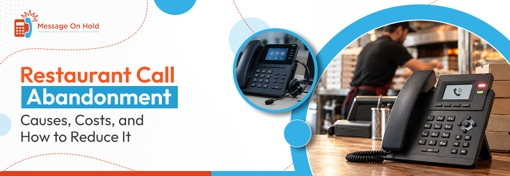 Restaurant call abandonment graphic showing business desk phones and staff preparing food in a kitchen