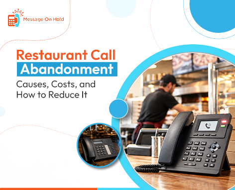 Restaurant call abandonment graphic showing business desk phones and staff preparing food in a kitchen
